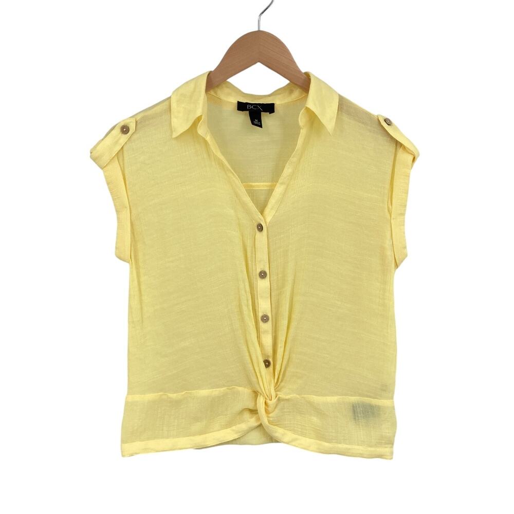 BCX Shirt Blouse Womens Medium Yellow Rayon Sleeveless Twisted Hem Button Front